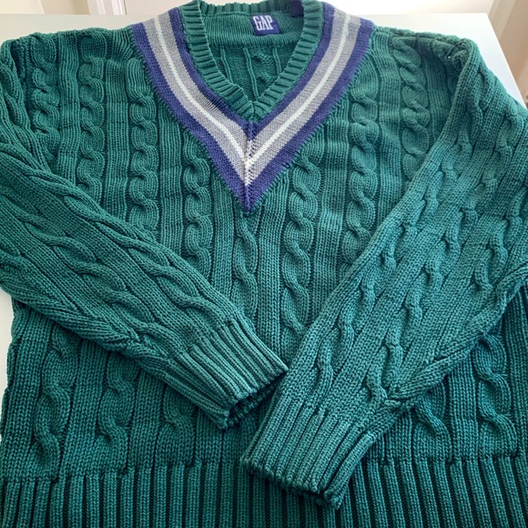 Gap Vintage Green Cable Knit Tennis Cricket Sweater V-neck 90s Oversized Fit - Picture 1 of 12